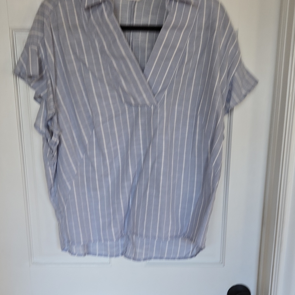 Striped V-Neck Blouse - Blue and White